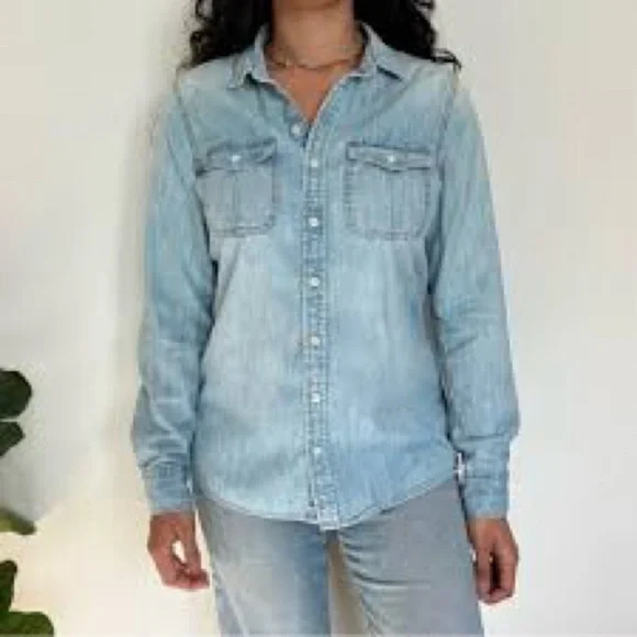 3/$20 Mossimo Supply Co Western Denim Button Down Shirt Tab Pockets Med Wash - Picture 11 of 11